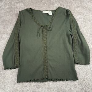 St Johns Bay Ribbed Knit Lace Trim Top Olive Green 3/4 Sleeve Size L Fairy Boho